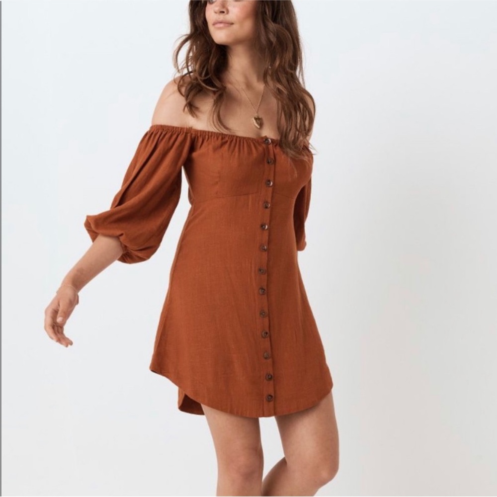 SPELL RANI MINI DRESS IN COPPER WITH BUTTON FRONT ON/OFF SHOULDER SIZE S